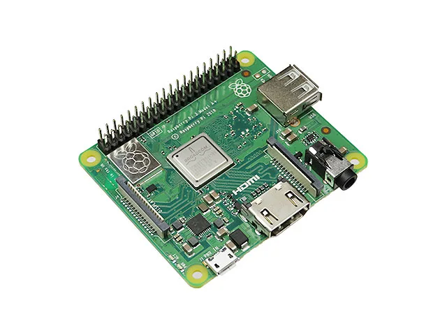 緑色の基板にUSB端子一つとHDMI端子を備えたRaspberry Pi 3 Model A+